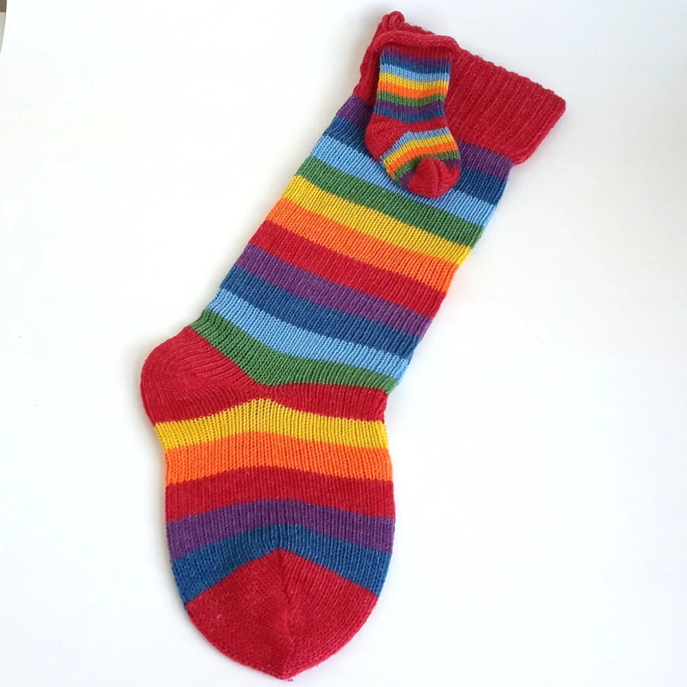 Christmas Rainbow Stripe Knit Stocking With Mini Knit Stocking